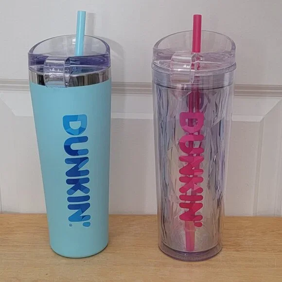 2 Rare Dunkin' 2025 24oz. Tumblers. Pink Chiseled Ice & Blue Soft Touch. - Picture 4 of 7